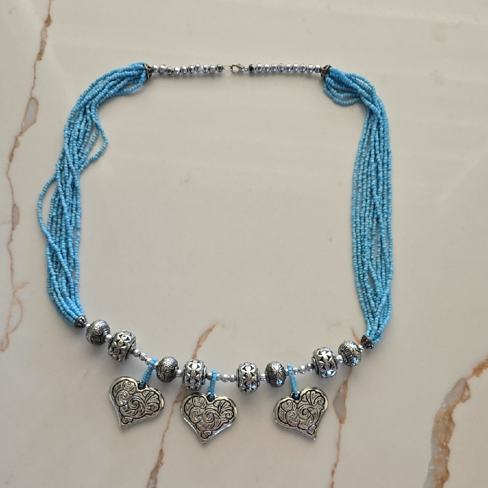 Silver Heart Pendant Necklace with Blue Beads